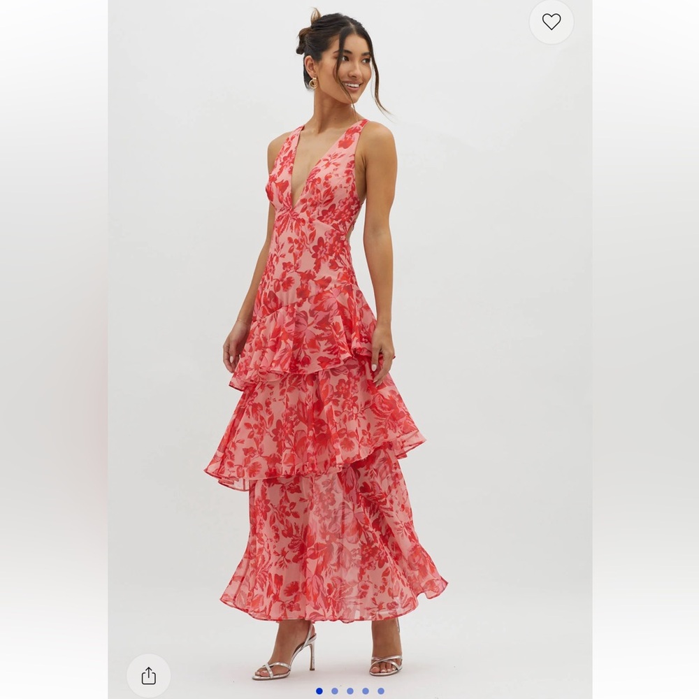 Veda Strappy Back Ruffle Midi Dress Floral Red